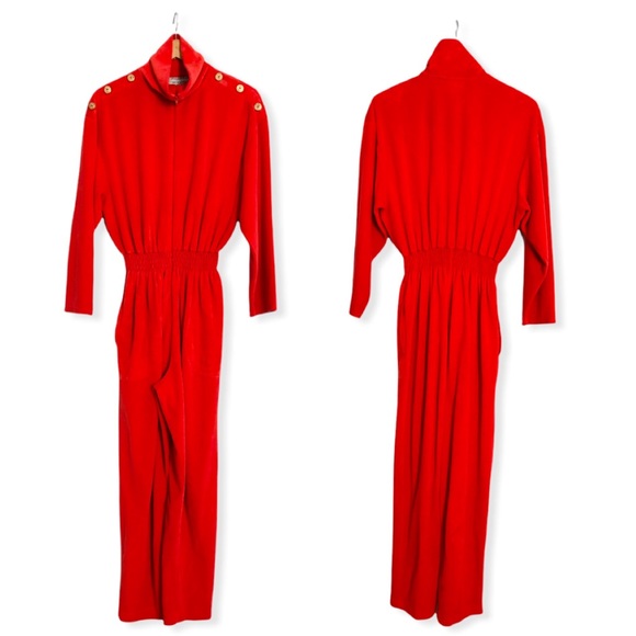 VTG Saks Fifth Avenue Orange Velour Long Sleeve Zip Front Collar Jumpsuit, sz. L - Picture 1 of 17